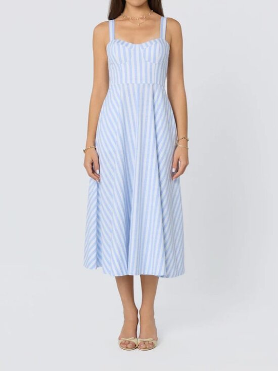 Astr Dresses & Skirts - ASTR The Label Isabela Striped Sweetheart Midi Dress Blue Cream Woven Sz L NWOT